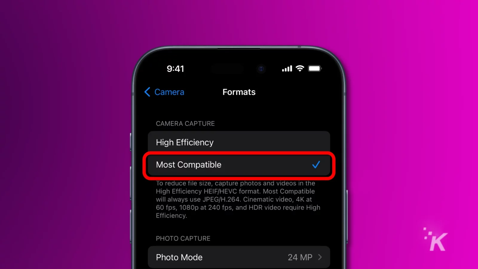 Ios settings app showing the most compatible image format option