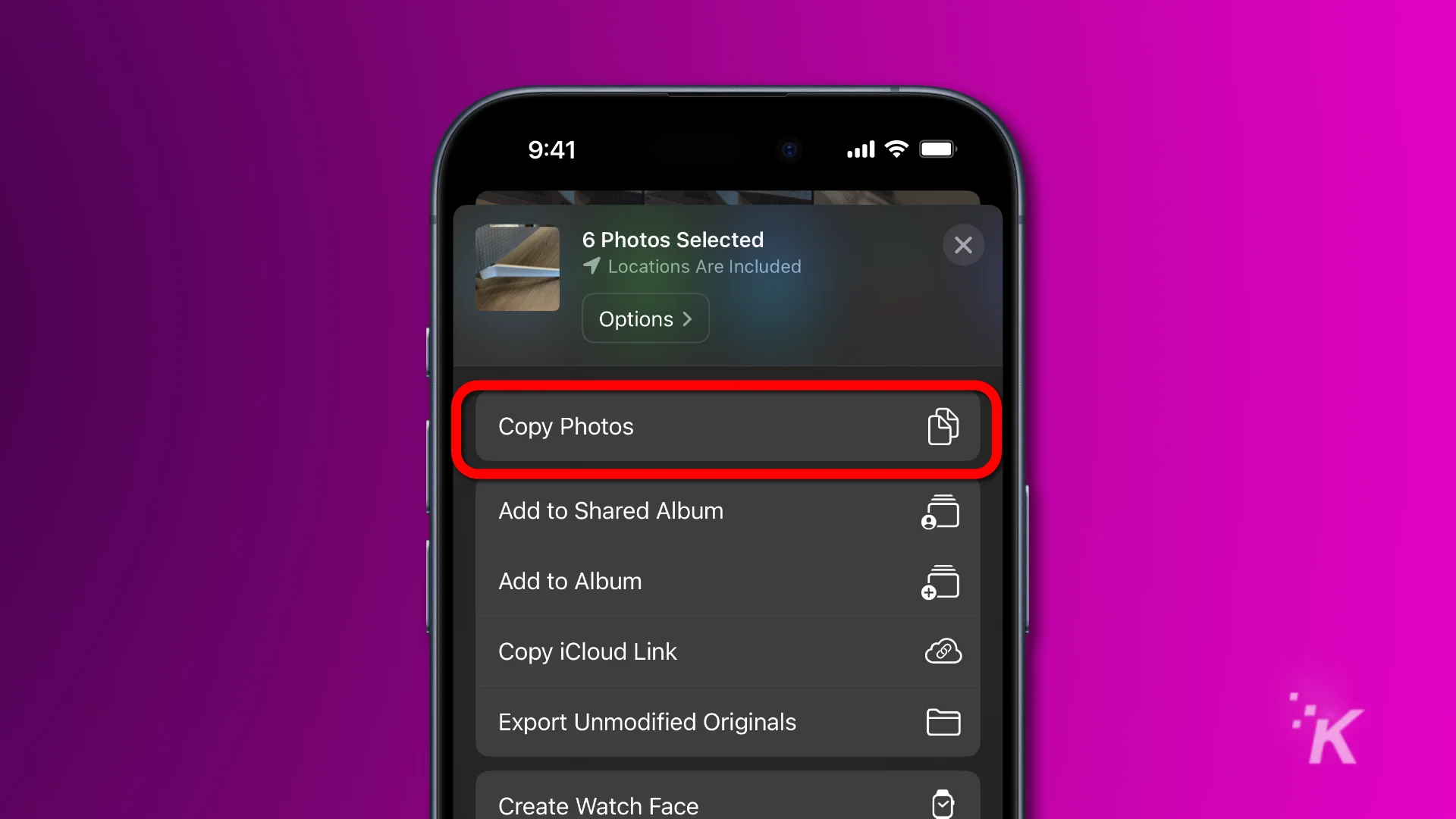 Ios photos app showing the copy photos option in sharing menu