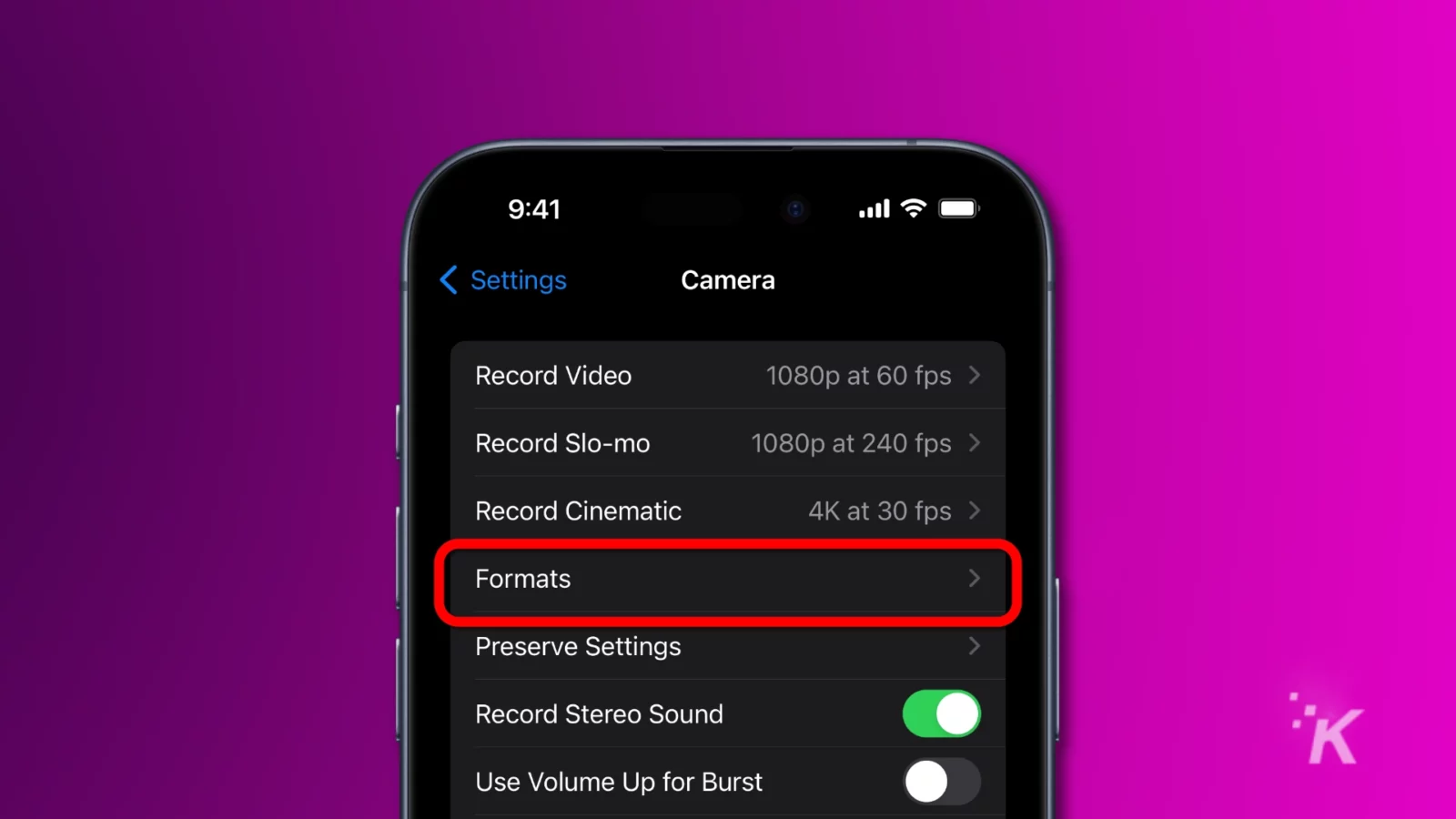 Ios 17 camera settings showing the format options