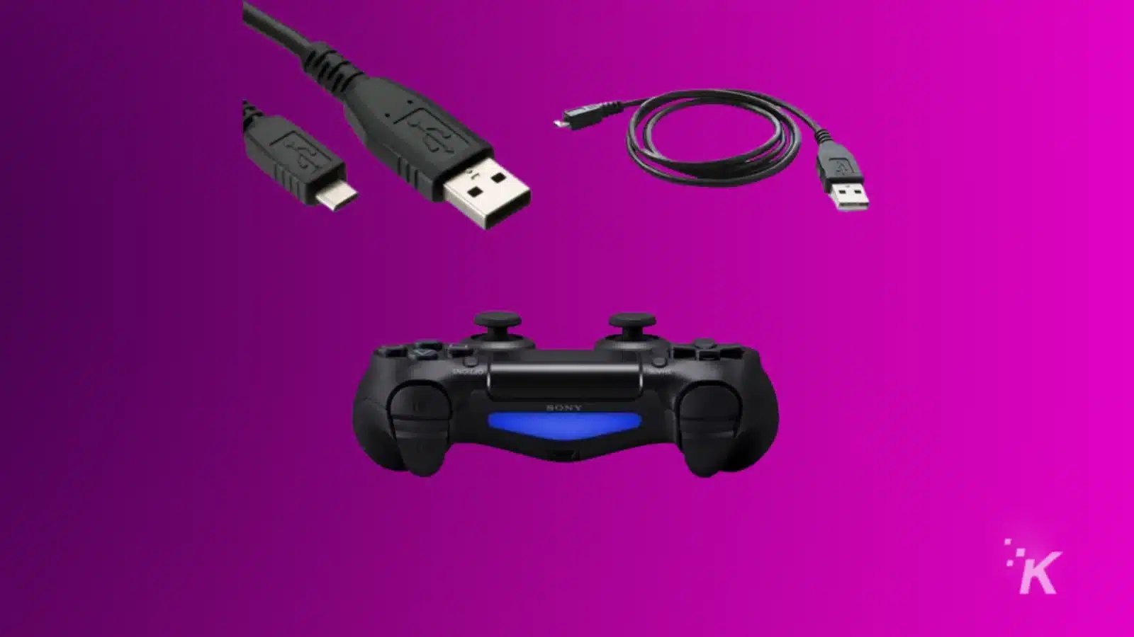 Dualshock 4 controller with two usb cables on a purple background