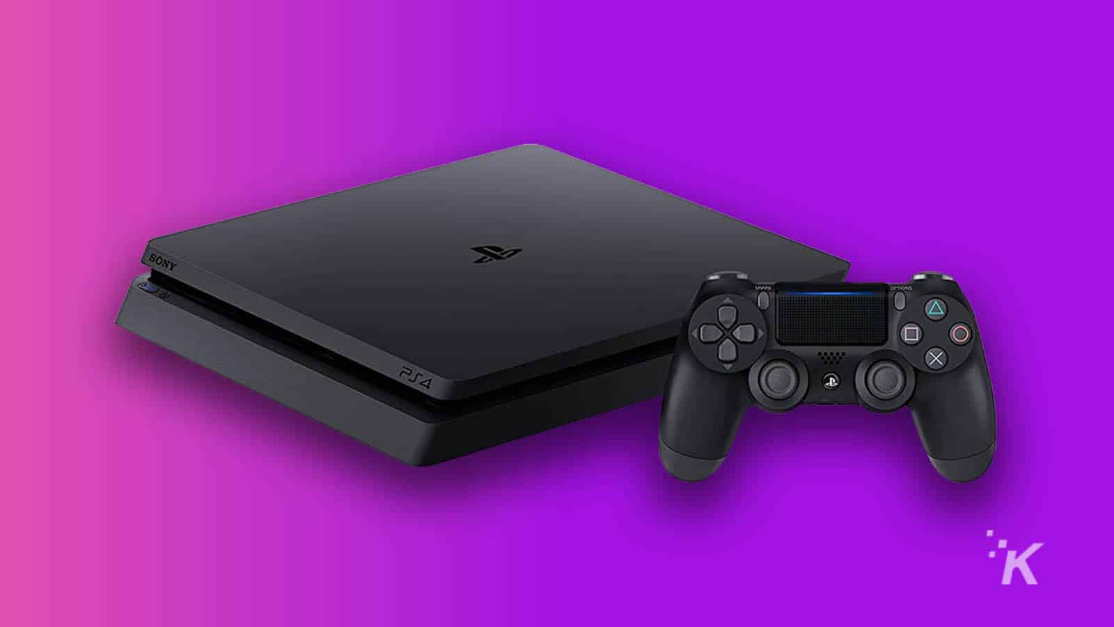 보라색 배경의 Playstation 4 콘솔