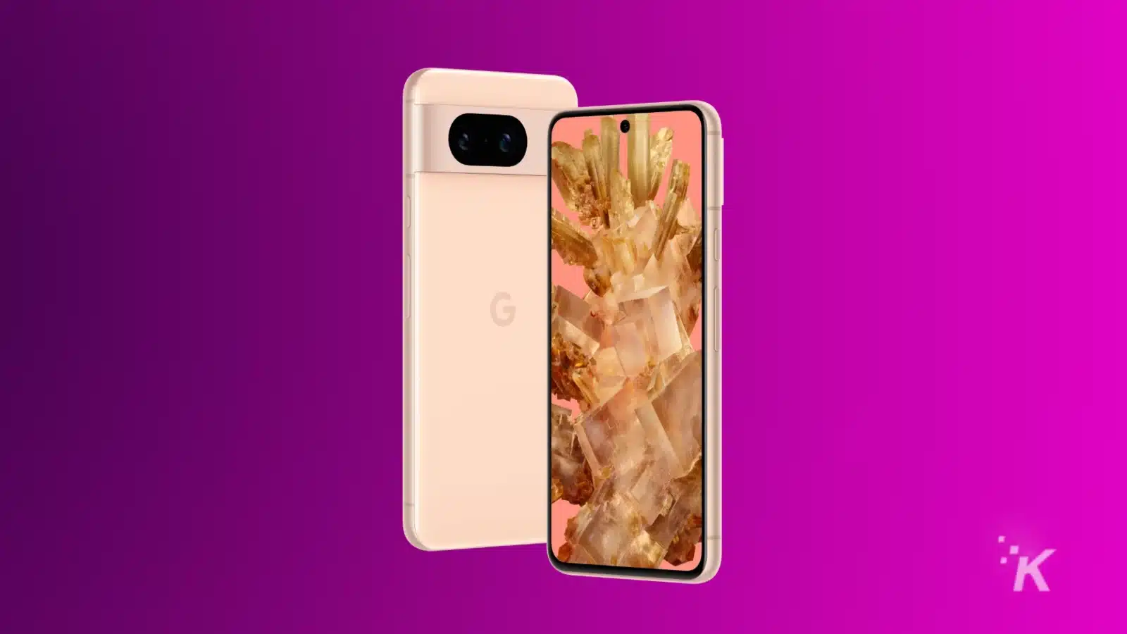 Pink google pixel 8 on a purple background