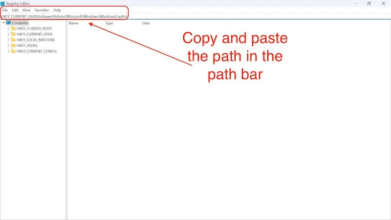 paste the following path : hkey_current_user\software\policies\microsoft\windows\windowscopilot