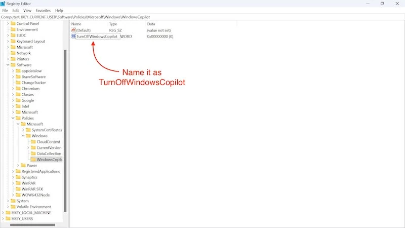 rename the value to: turnoffwindowscopilot
