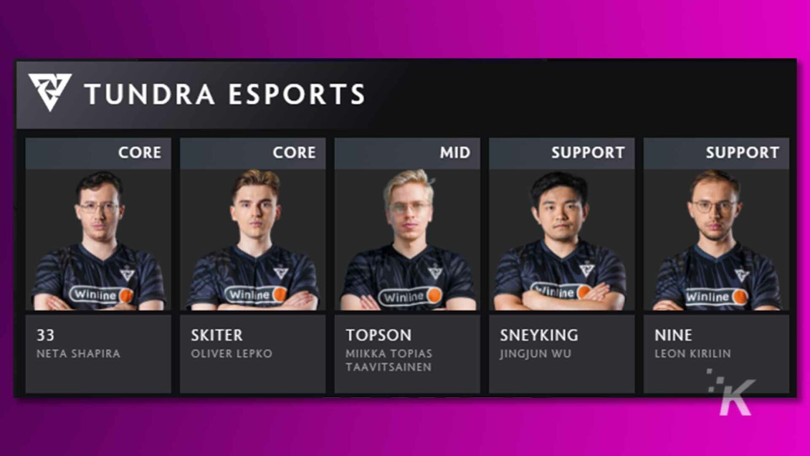 Imaginea arată lista echipei de esports tundra, cu numele și rolul fiecărui jucător în echipă.