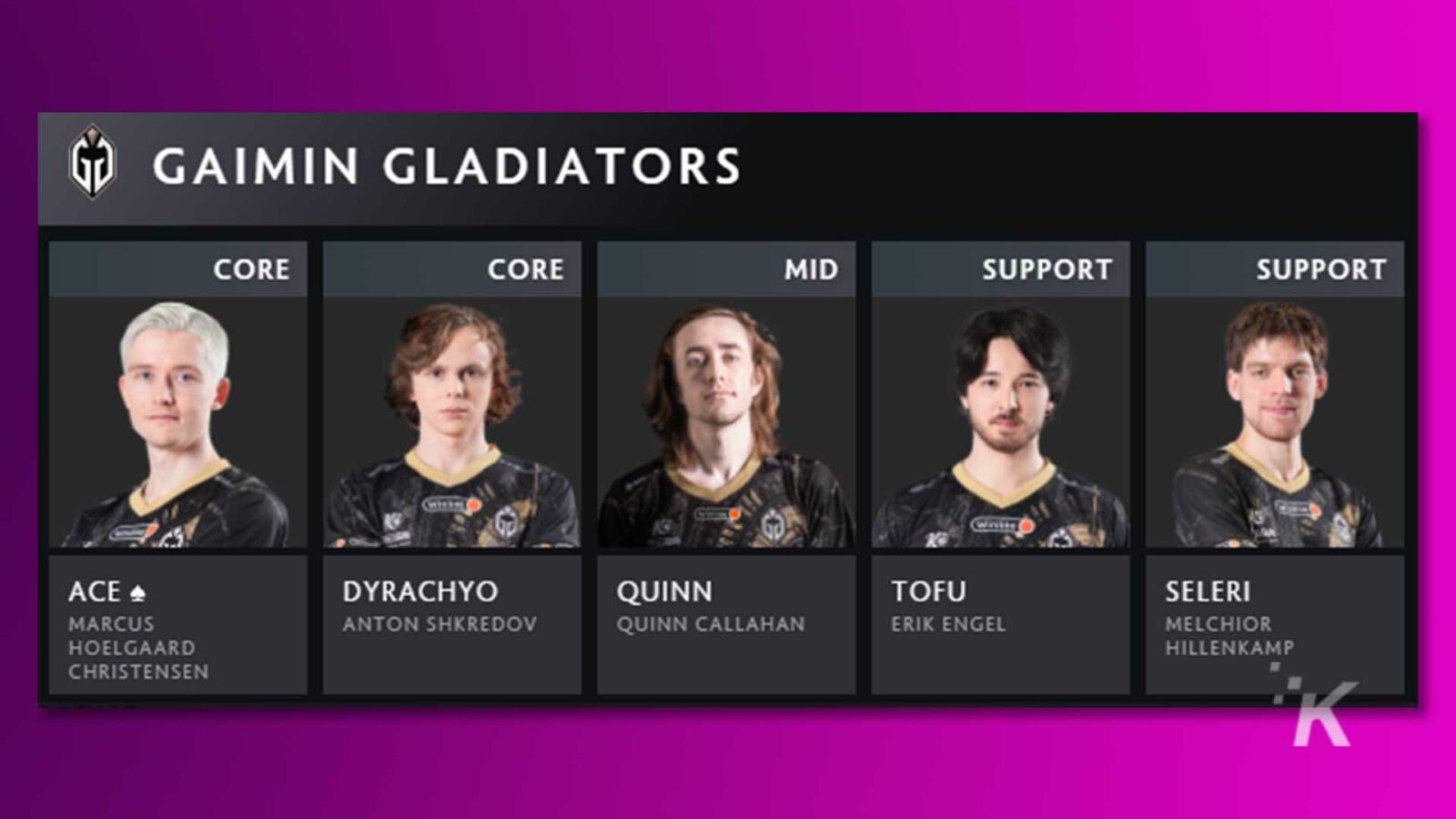 In questa immagine, un gruppo di persone è elencato come gaimin gladiators core, support, ace e dyarchyo, con i rispettivi nomi elencati di seguito.