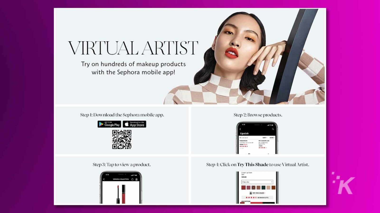 L'image montre comment utiliser l'application mobile Sephora pour essayer virtuellement des produits de maquillage. Maquillage SDK