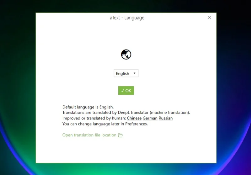 atext language selection window