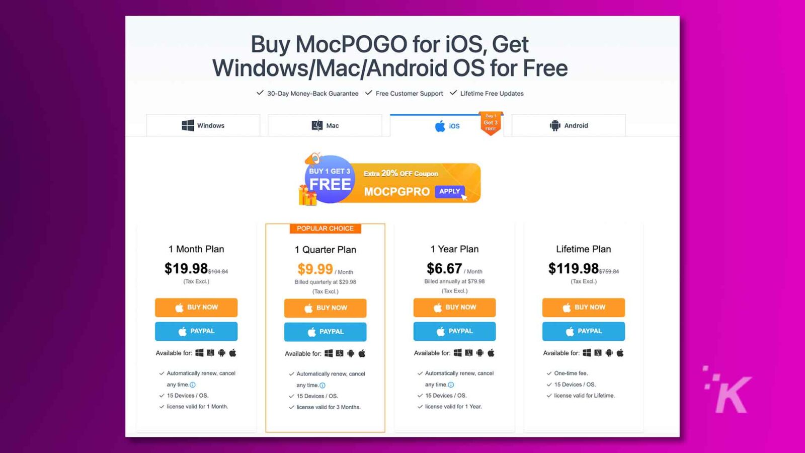 Esta imagem oferece diversos planos de compra do mocpogo para ios, com descontos e produtos adicionais gratuitos para determinados planos.