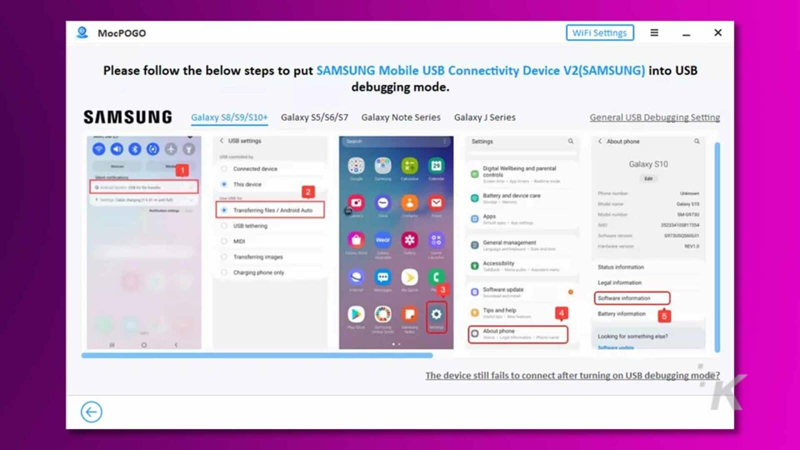 Esta imagem mostra instruções para ativar o modo de depuração USB em um dispositivo Samsung.