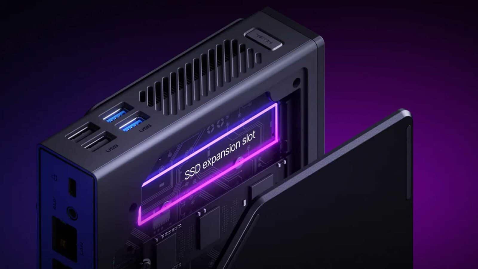 جهاز كمبيوتر صغير Acemagic S1 يعرض محرك أقراص SSD