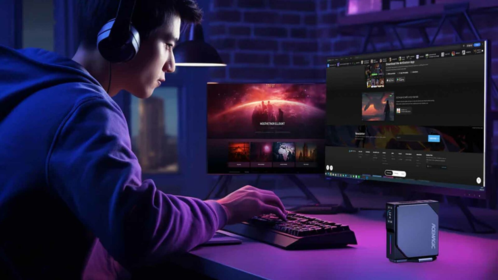 Seseorang sedang bermain game di monitor komputer layar LCD dengan lampu latar LED, dikelilingi oleh perangkat elektronik dan perangkat output multimedia lainnya, menyiarkan video dan teknologi di dalam ruangan.