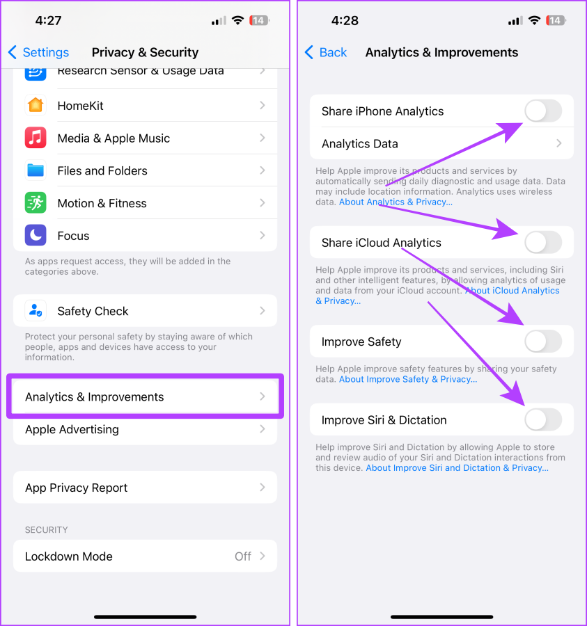 analytics & improvement settings iphone