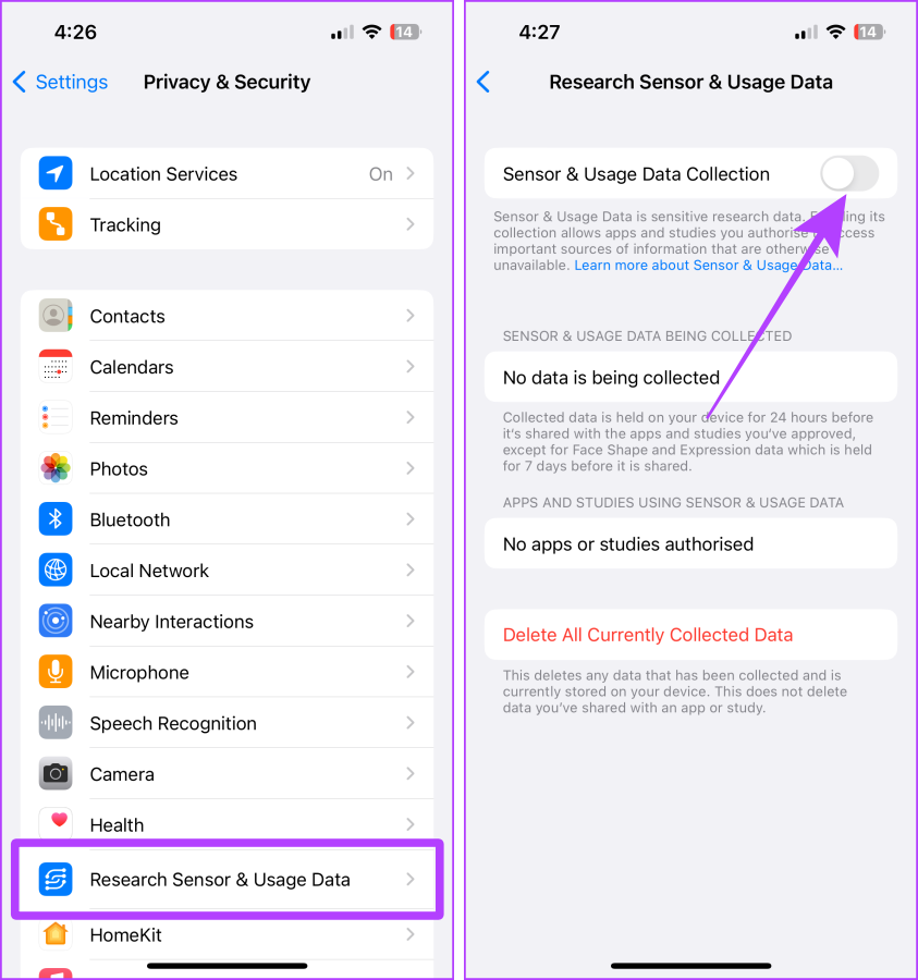 research sensor & usage data settings iphone