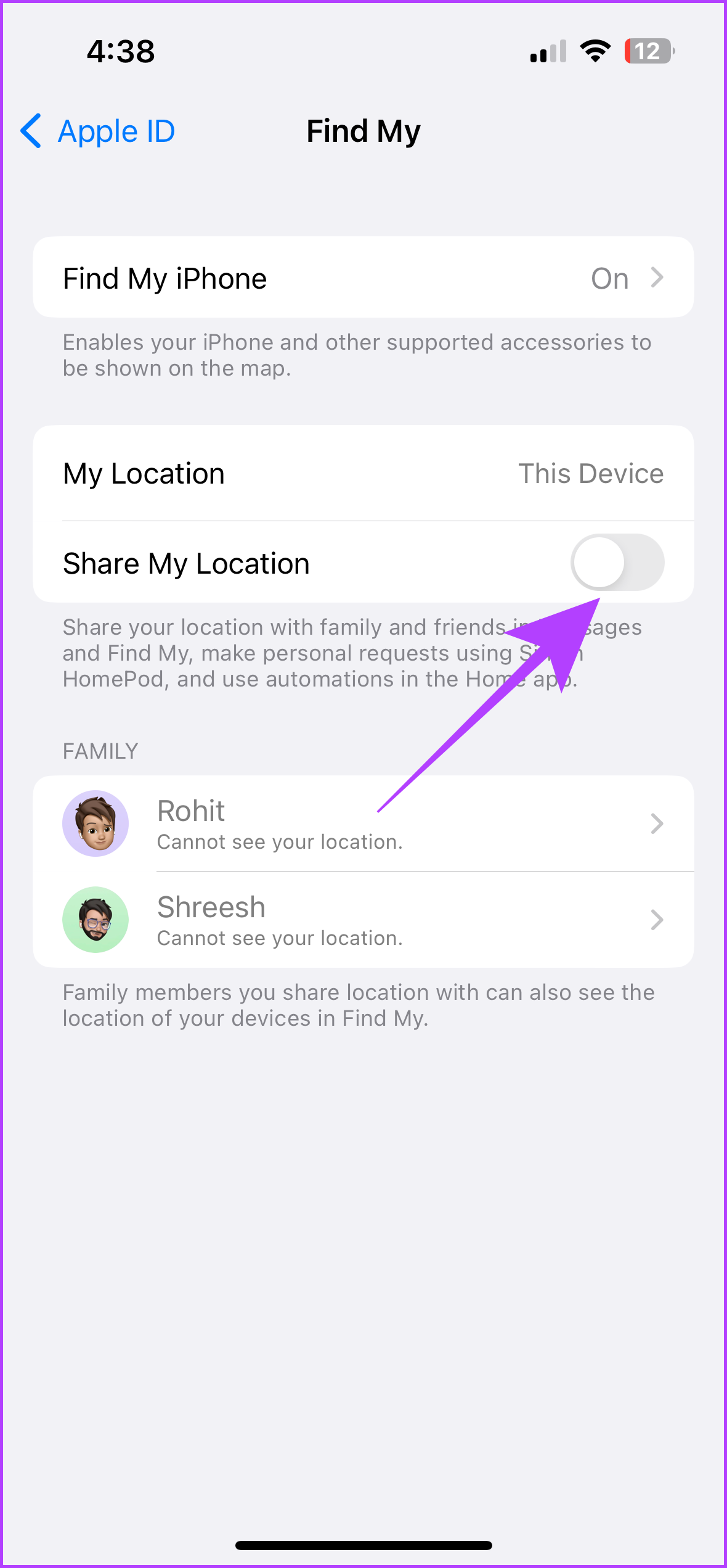 find my location sharing settings iphone