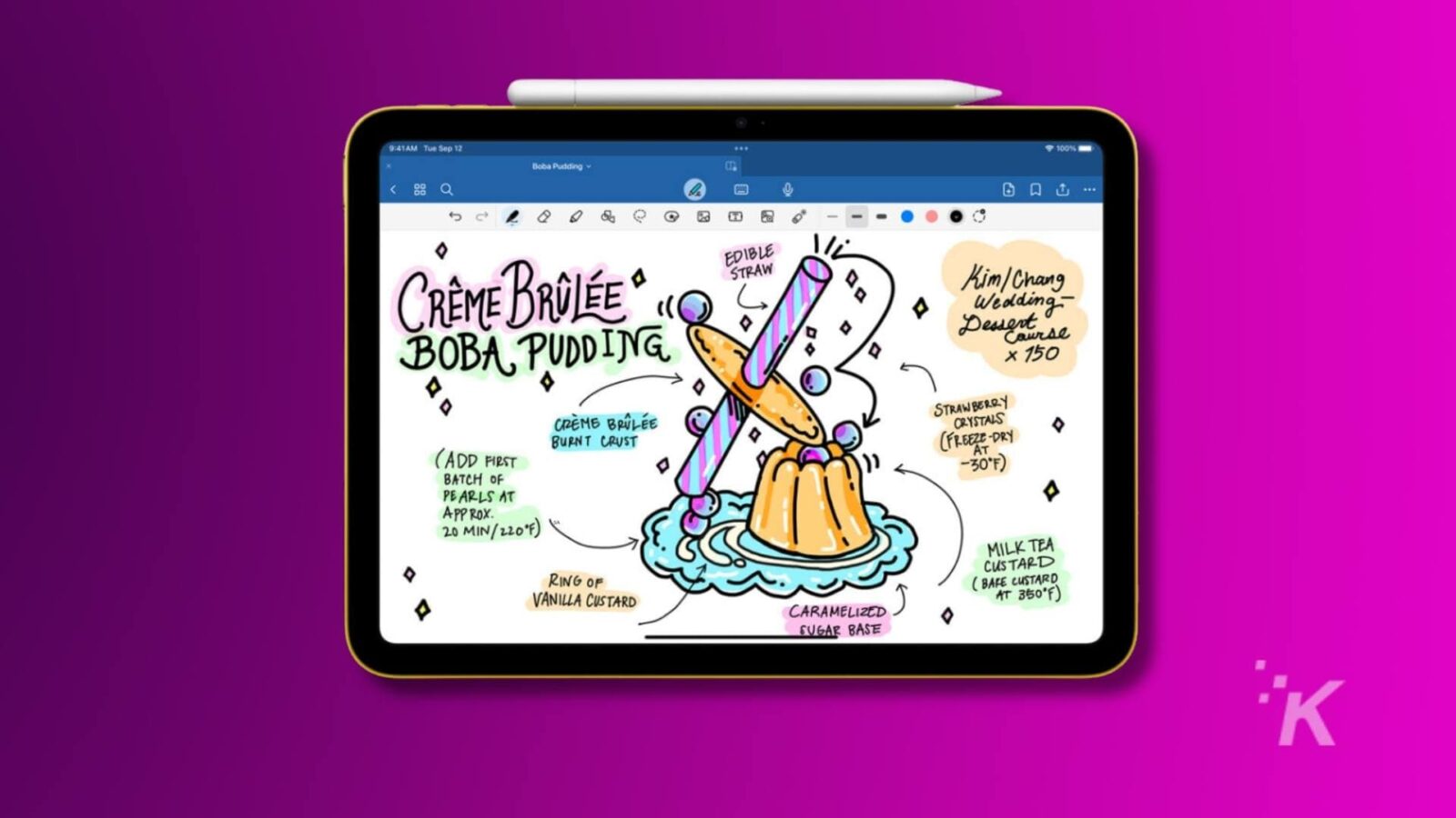 Apple ipad com um lápis de maçã colocado em cima dele pairando sobre um fundo roxo