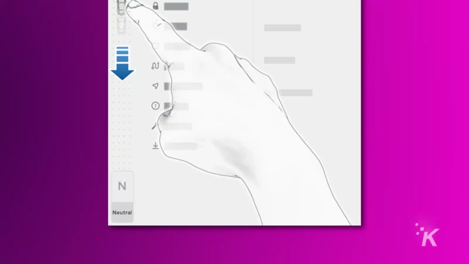 Illustration of a tesla dashboard screen showing the button for neutral gear