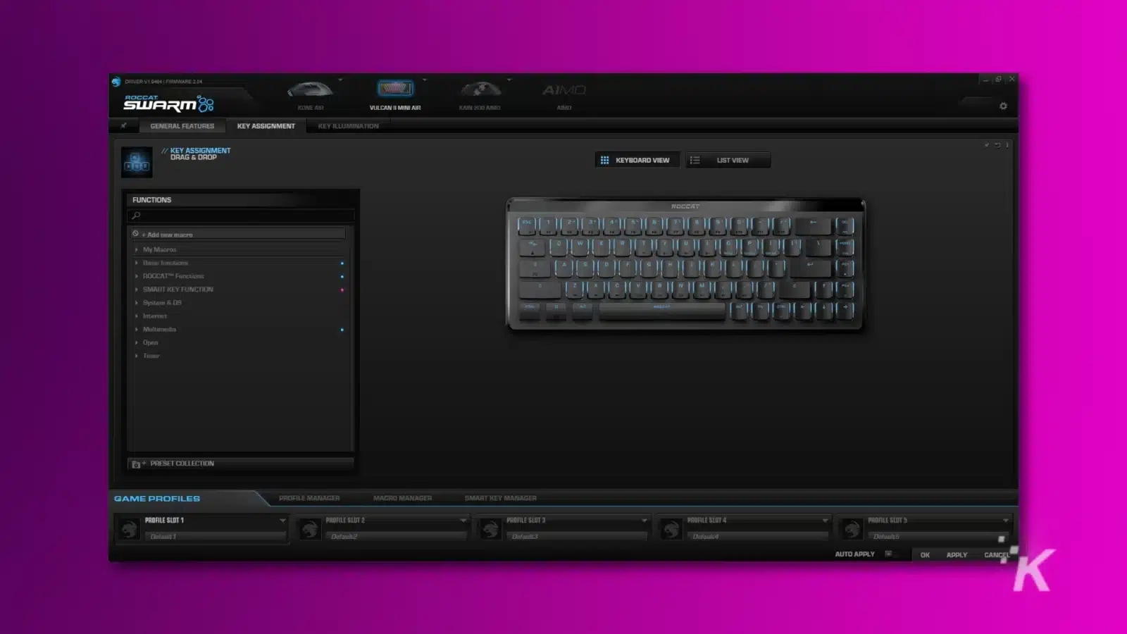 Roccat swarm software showing the vulcan mini keyboard settings