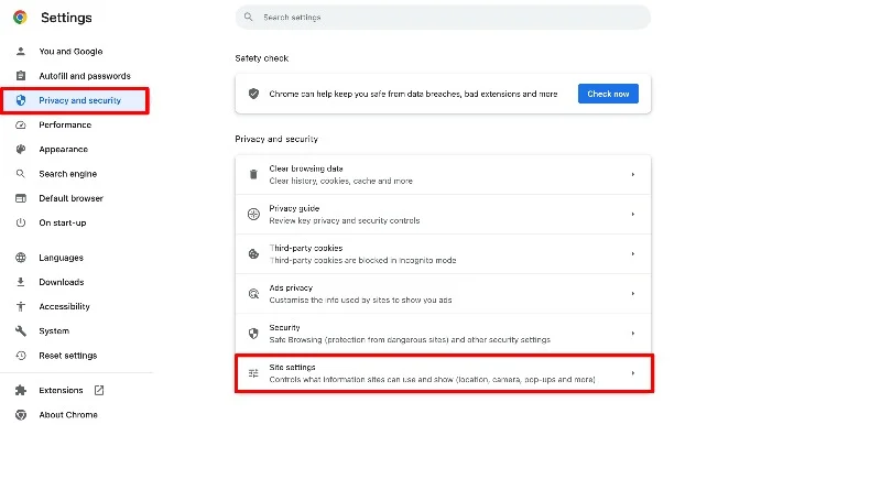 google chrome browser site settings