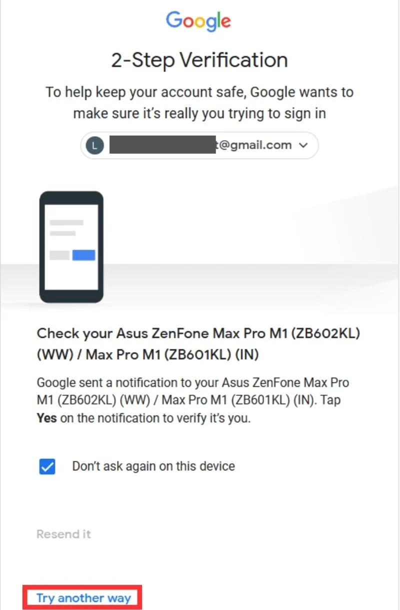 google 2-step verification pop-up screen