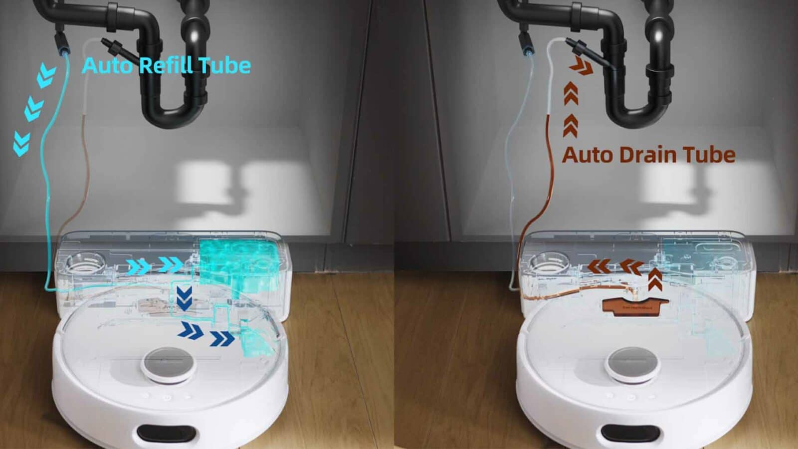 Un appareil de plomberie dans une salle de bain évacue activement l’eau d’un évier vers un tube de vidange automatique.