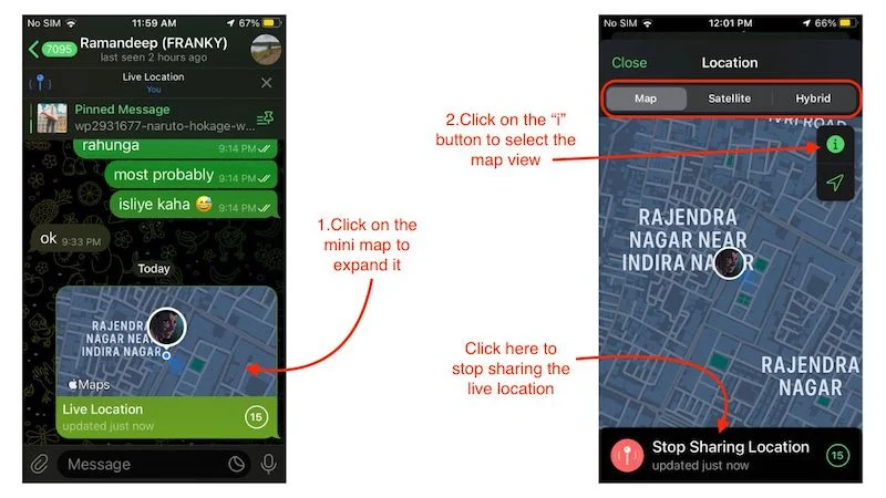 how to stop live location sharing and expand the min map