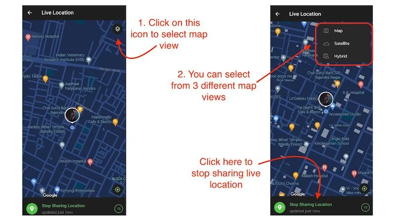 map view and stop sharing live location