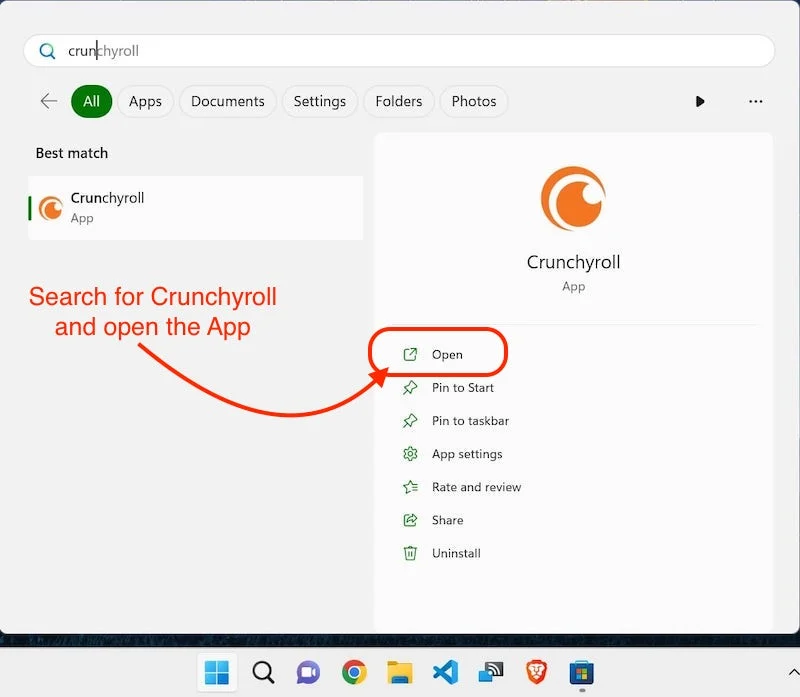 search for crunchyroll on windows and open the app