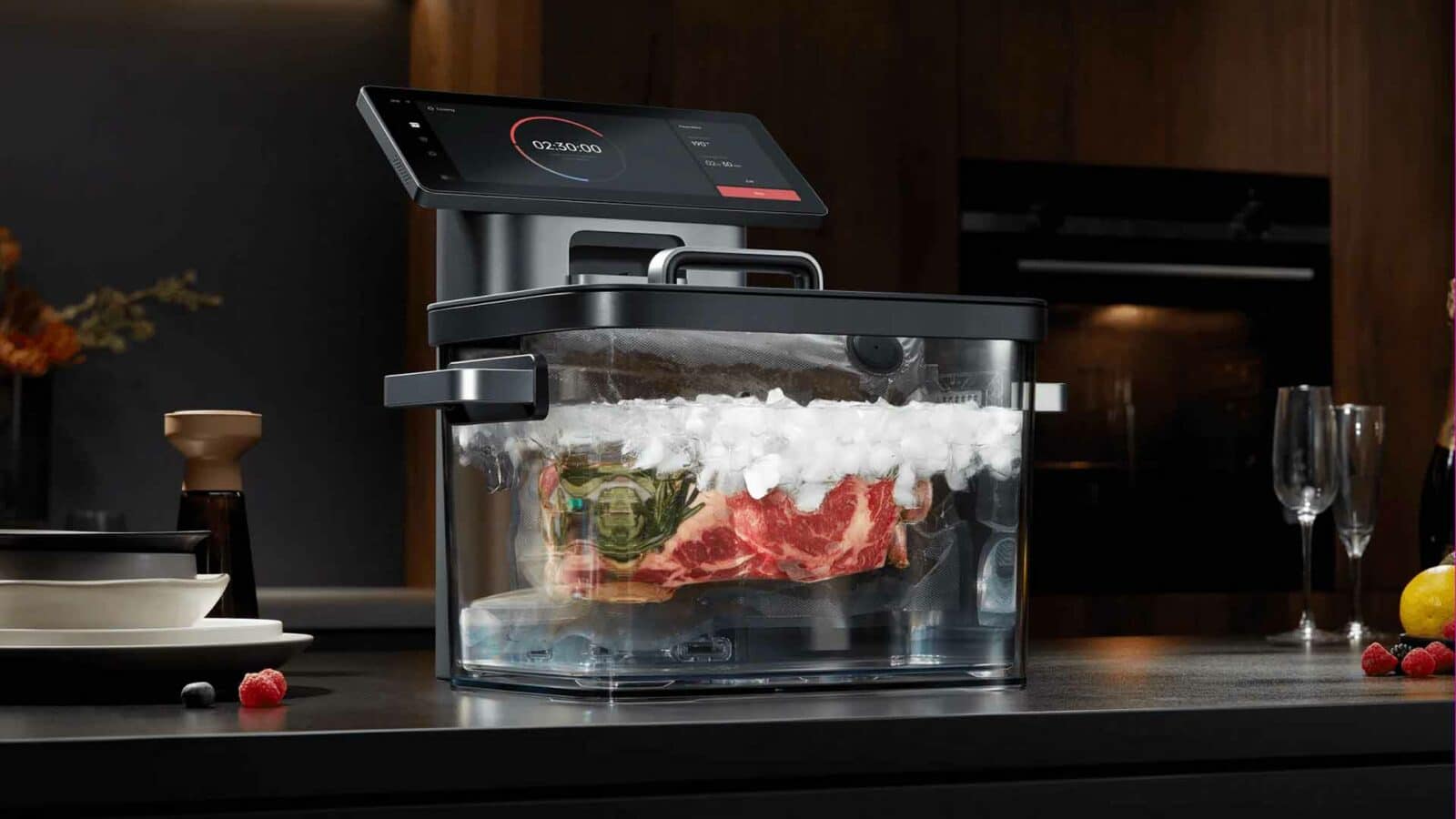 An einem durchsichtigen Behälter ist ein Sous-Vide-Tauchthermostat angebracht, in dem ein Steak in einem versiegelten Beutel zubereitet wird, im Hintergrund moderne Kücheneinrichtungen.