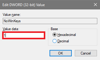 NoWinKeys file. Enter 1 into the Value Data