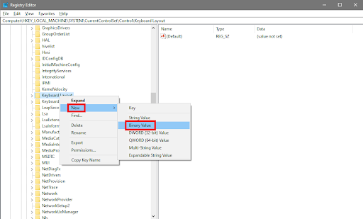 choose Keyboard Layout - New and then Binary Value