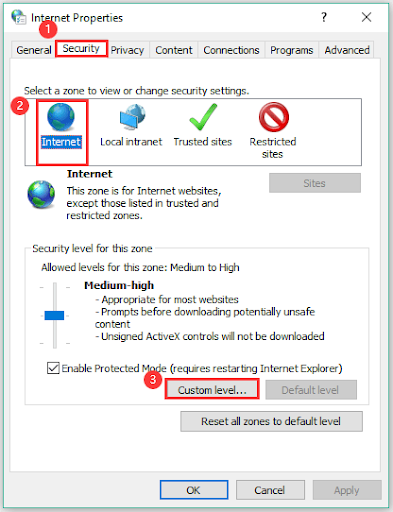 Güvenlik sekmesini seçin, İnternet'i seçin ve Özel düzeyi seçin