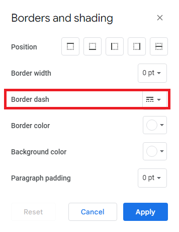 Borders and Shading - Border Dash