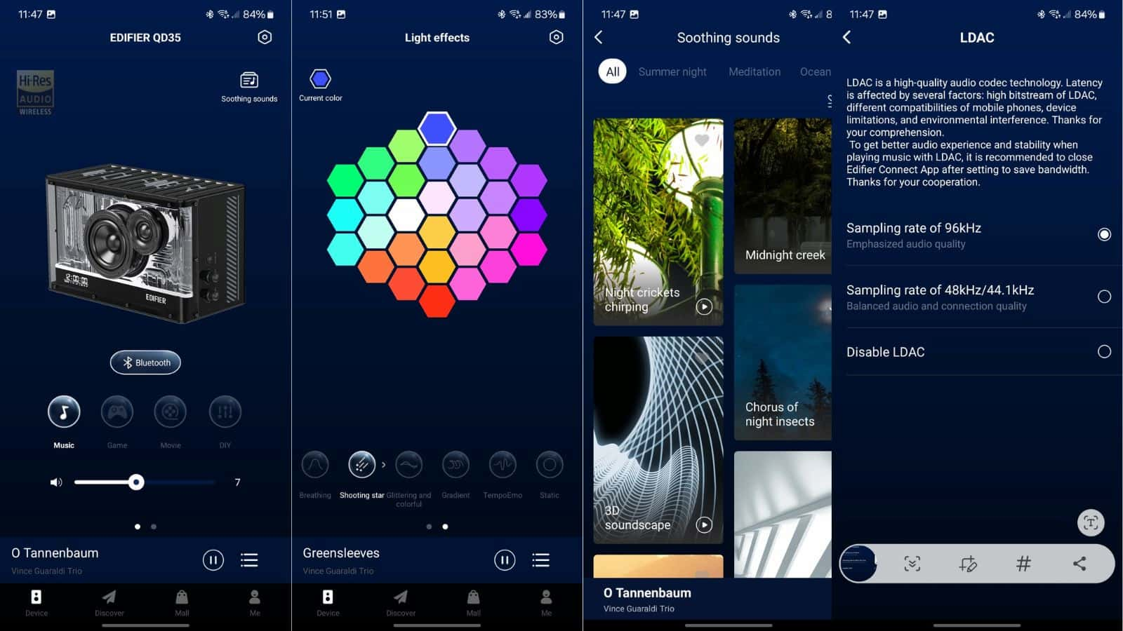 На изображении показаны четыре экрана смартфона, демонстрирующие интерфейс музыкального приложения с такими функциями, как успокаивающие звуки, световые эффекты и настройки звука, включая технологию ldac.