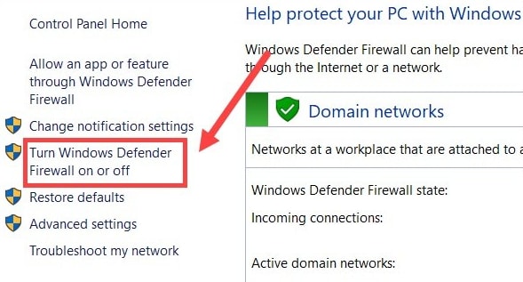 turn windows defender firewall on or off