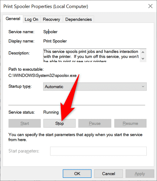 Choose Stop to put a temporary halt to the print spooler service