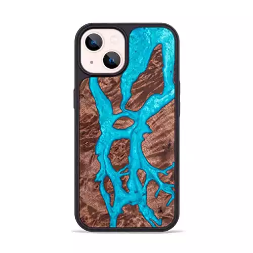 Carved wood and resin case designed for iphone 14