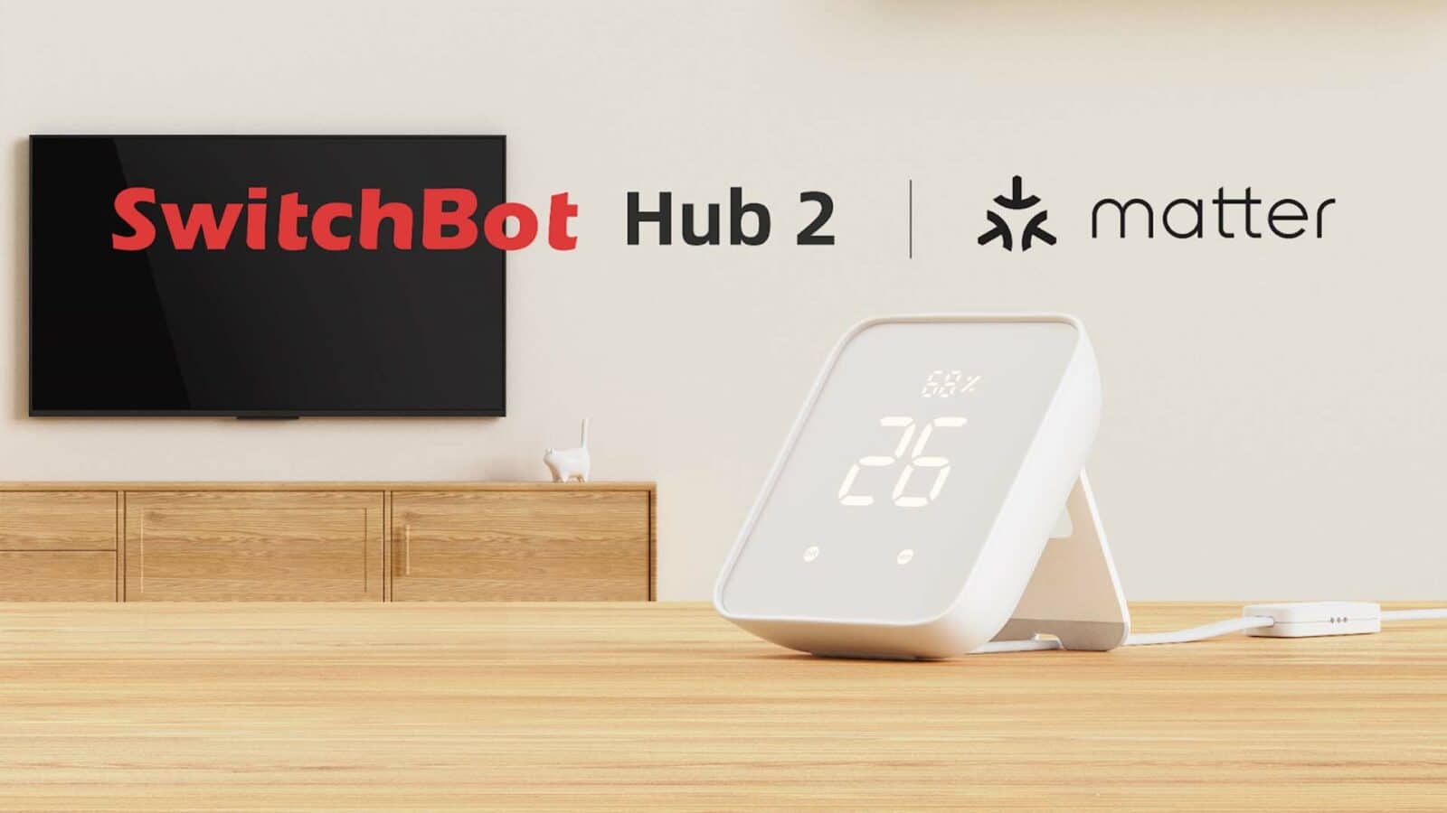 Современная комната с цифровым дисплеем с надписью «26» и надписью «Switchbot Hub 2» и «Материя» на настенном экране на заднем плане.