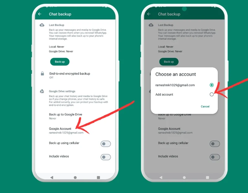 add new google account to whatsapp for backup