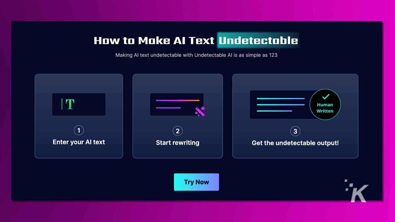 Um infográfico intitulado "como tornar o texto AI indetectável" com três etapas, cores vibrantes em rosa e roxo e um botão "experimente agora", promovendo uma ferramenta de software. IA indetectável