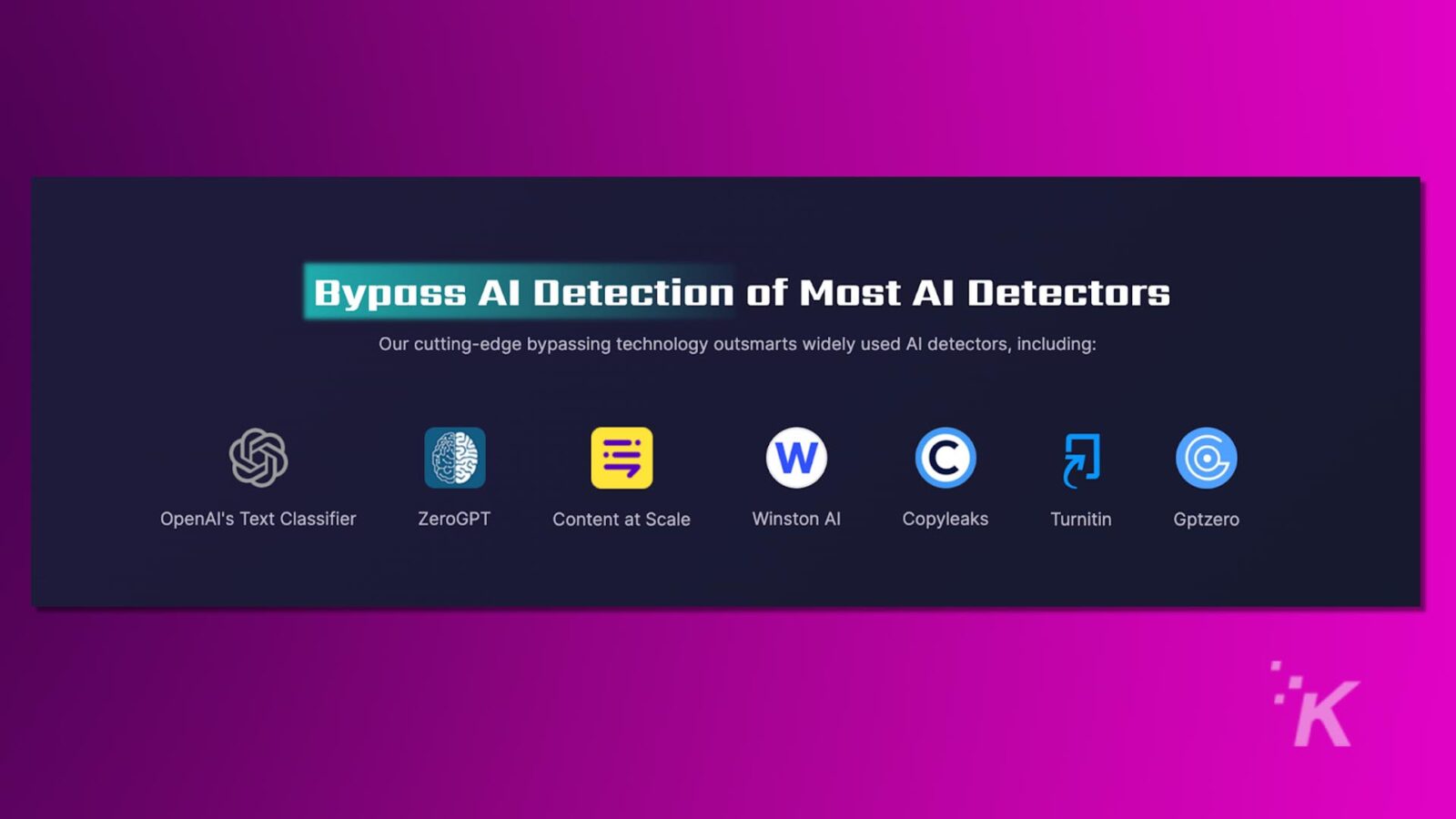 A imagem mostra um anúncio que afirma ignorar a detecção de IA com logotipos de diversas tecnologias de IA, como o classificador de texto da openai e o turnitin.