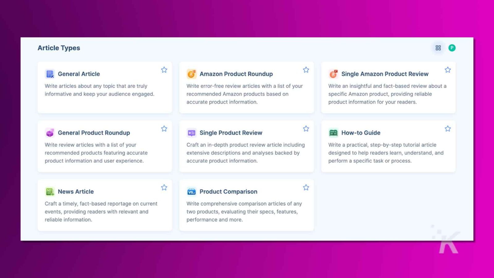 该图像在紫色背景上显示包含八种类型文章内容的图形，包括一般文章、产品评论、新闻文章和操作指南。