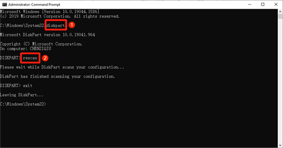 Input the diskpart command and then rescan