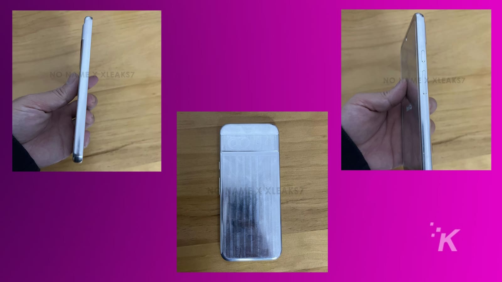 A imagem exibe três visualizações do manequim do Google Pixel 8a: frontal, traseira dentro de uma caixa transparente e lateral segurada pela mão de uma pessoa em uma superfície de madeira.