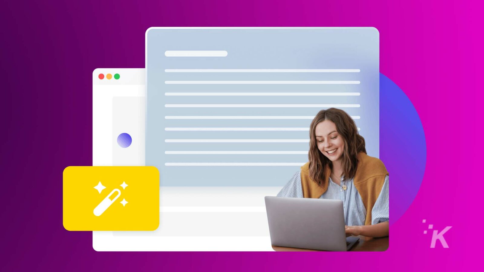 O persoană îi zâmbește laptopului cu o suprapunere grafică care implică instrumente de dezvoltare web, cu un fundal violet și albastru vibrant.