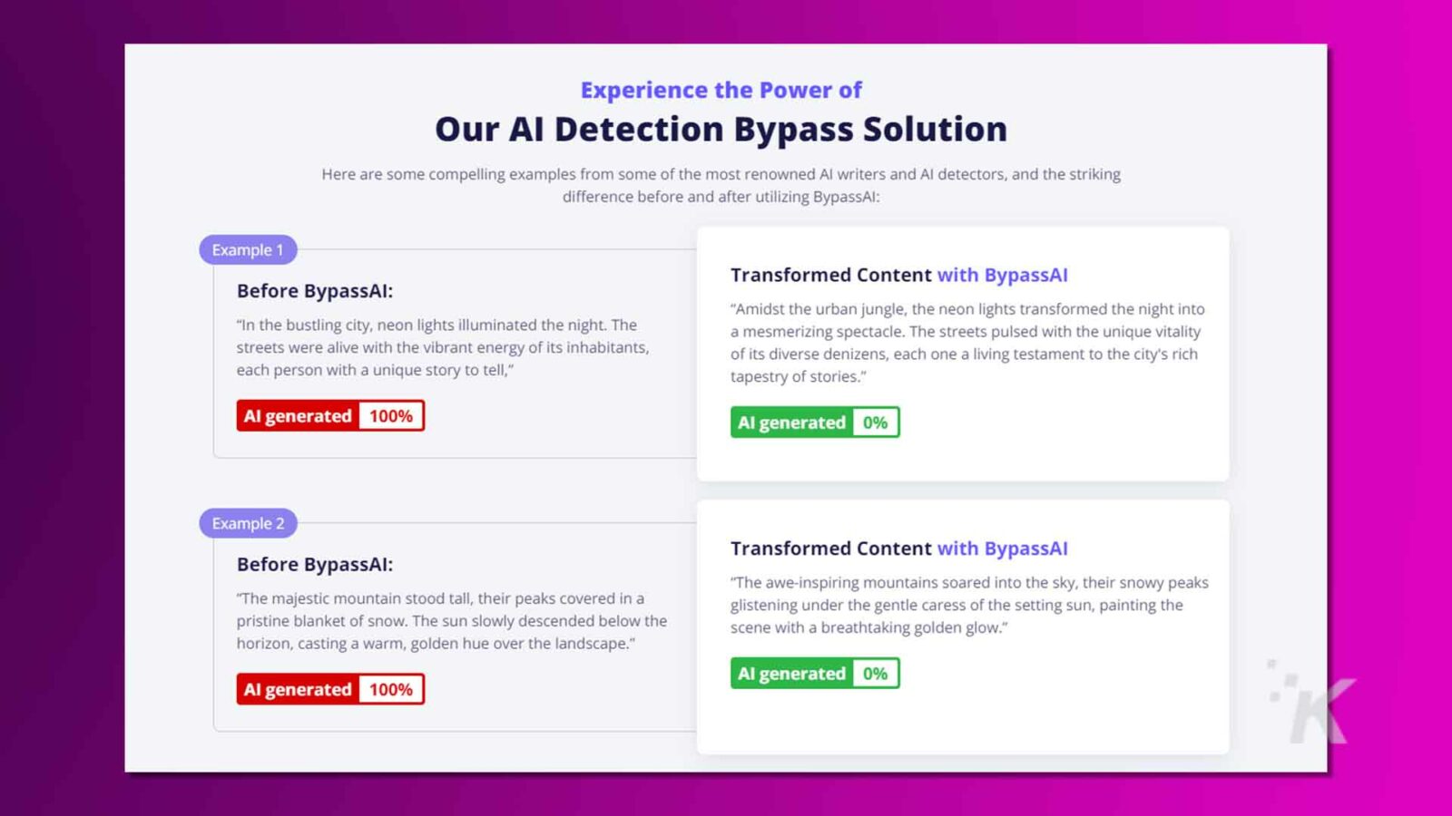 L'immagine presenta una pagina Web che pubblicizza una soluzione di bypass del rilevamento dell'intelligenza artificiale con esempi di trasformazione dei contenuti affiancati prima e dopo.