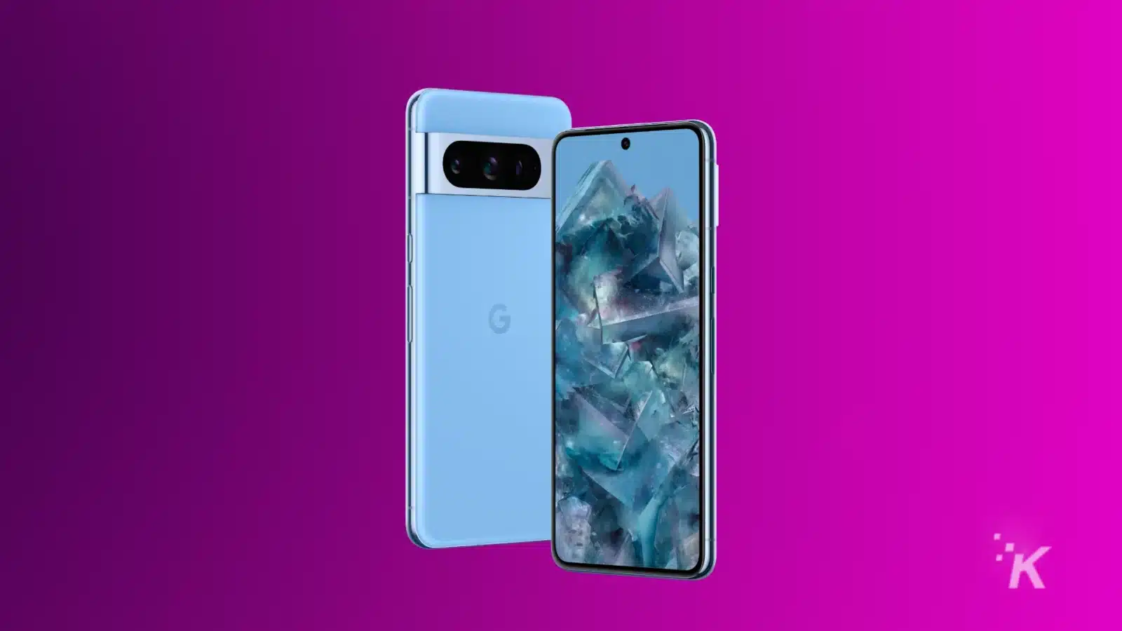 Pixel 8 pro in blue color, on a purple background
