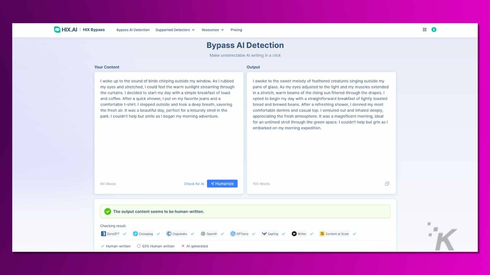 Imaginea arată o pagină web de la hix. Ai cu o caracteristică numită „detecție bypass ai” și un text eșantion care este reformulat pentru a apărea scris de om, inclusiv rezultatele analizei.