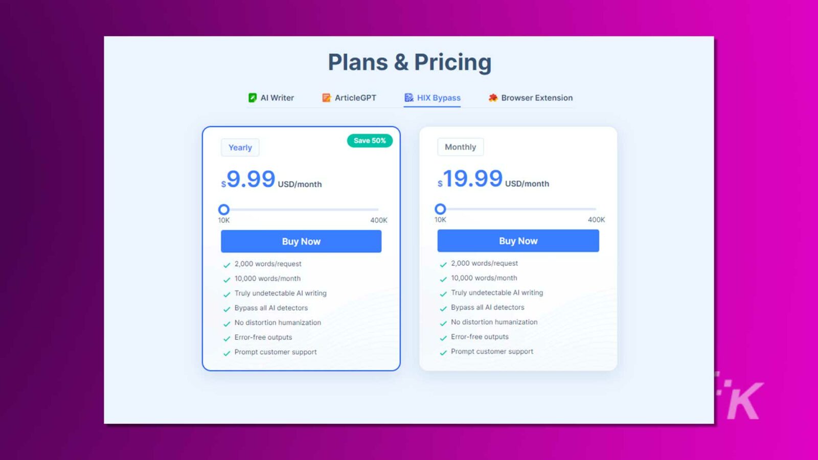 La imagen muestra una comparación de "planes y precios" entre dos opciones de suscripción para herramientas de escritura de IA, con diferentes características y costos mensuales resaltados.