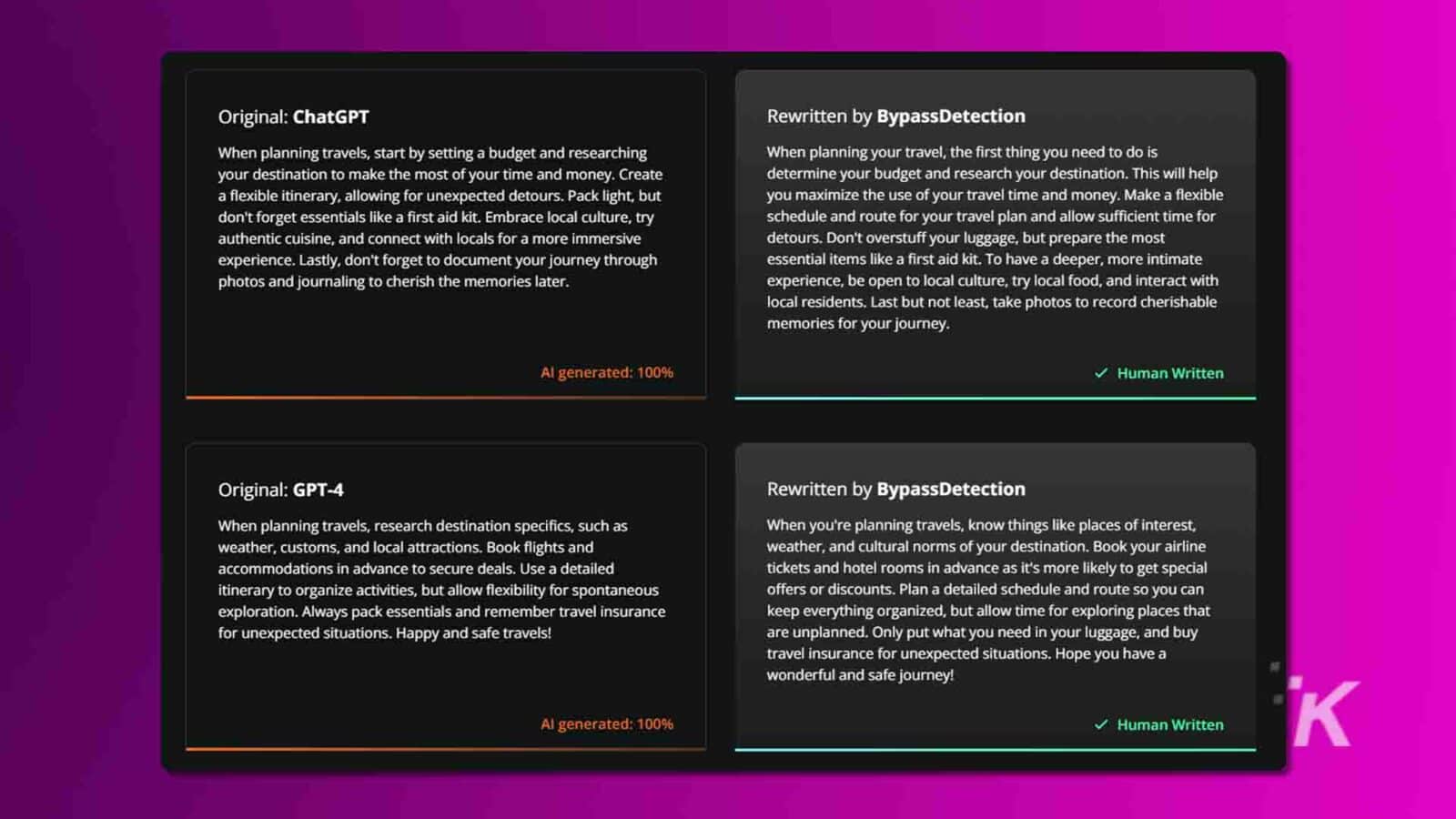 На изображении показаны два набора текстовых разделов под названием «оригинал: chatgpt» и «оригинал: gpt-4» с соответствующими переписанными текстами с пометкой «переписано bypassdetection», подчеркивающими различия между советами для путешествий, созданными искусственным интеллектом и отредактированными человеком. Использование обхода